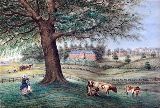 Captain J.F.Boxer (19th C.) Naive landscape with farm workers, steam train and houses, 12.5 x 19in.